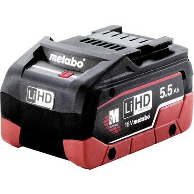 Metabo battery pack with LiHD technology, 18V, 5.5 Ah, predominantly black and red in colour.