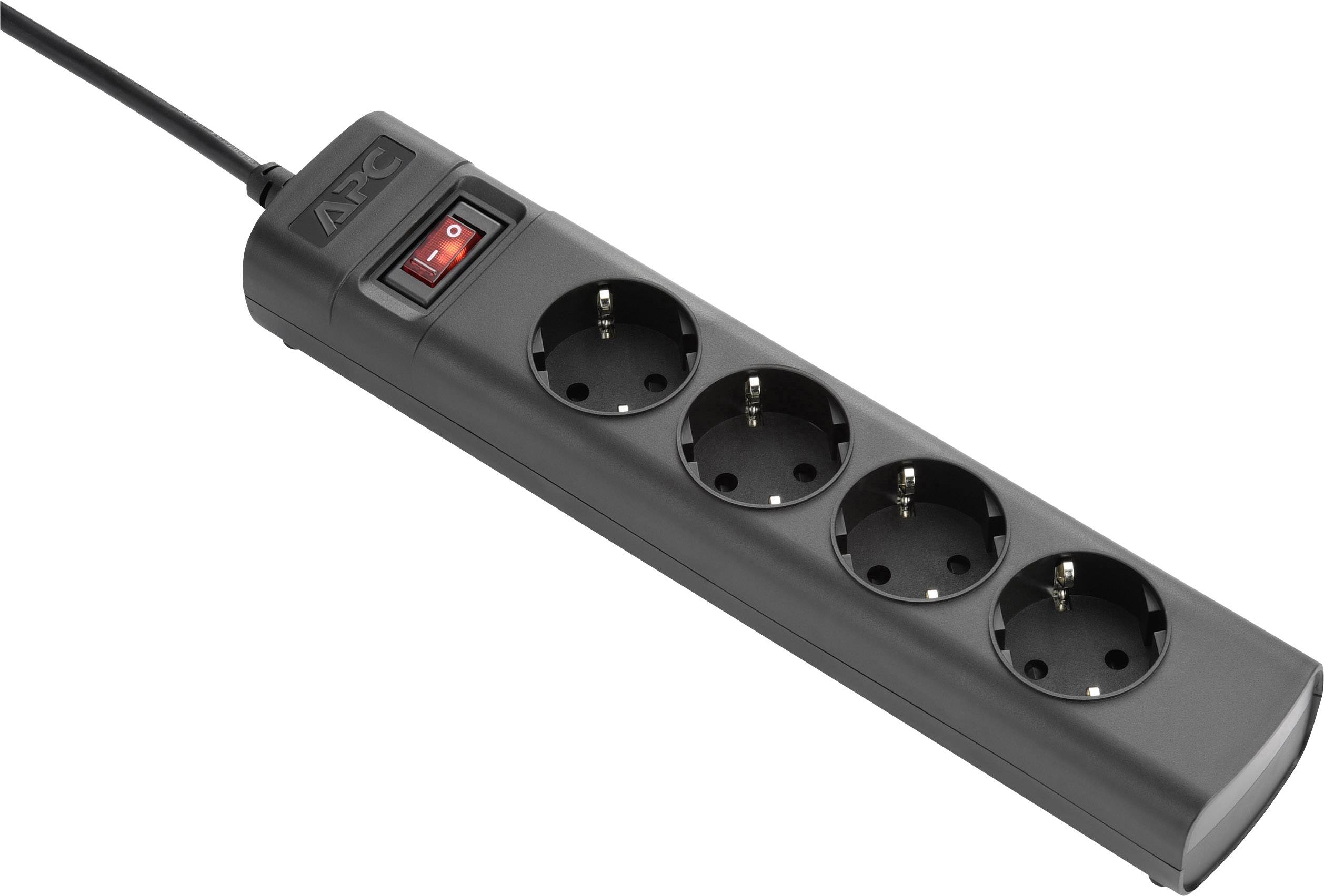 A black APC power strip with four sockets and a red on/off switch.