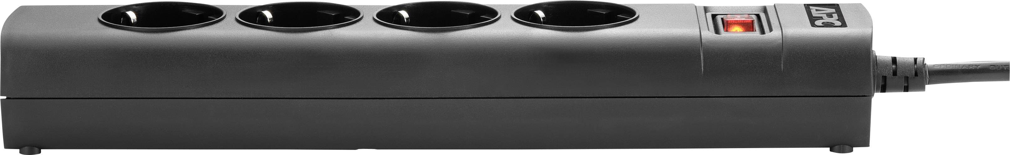 A black multi-socket extension lead with four sockets and a red on/off switch.