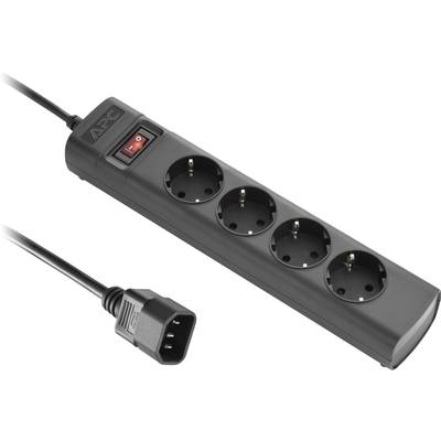 A black power strip with four socket outlets, a red on/off switch, and an attached mains lead.