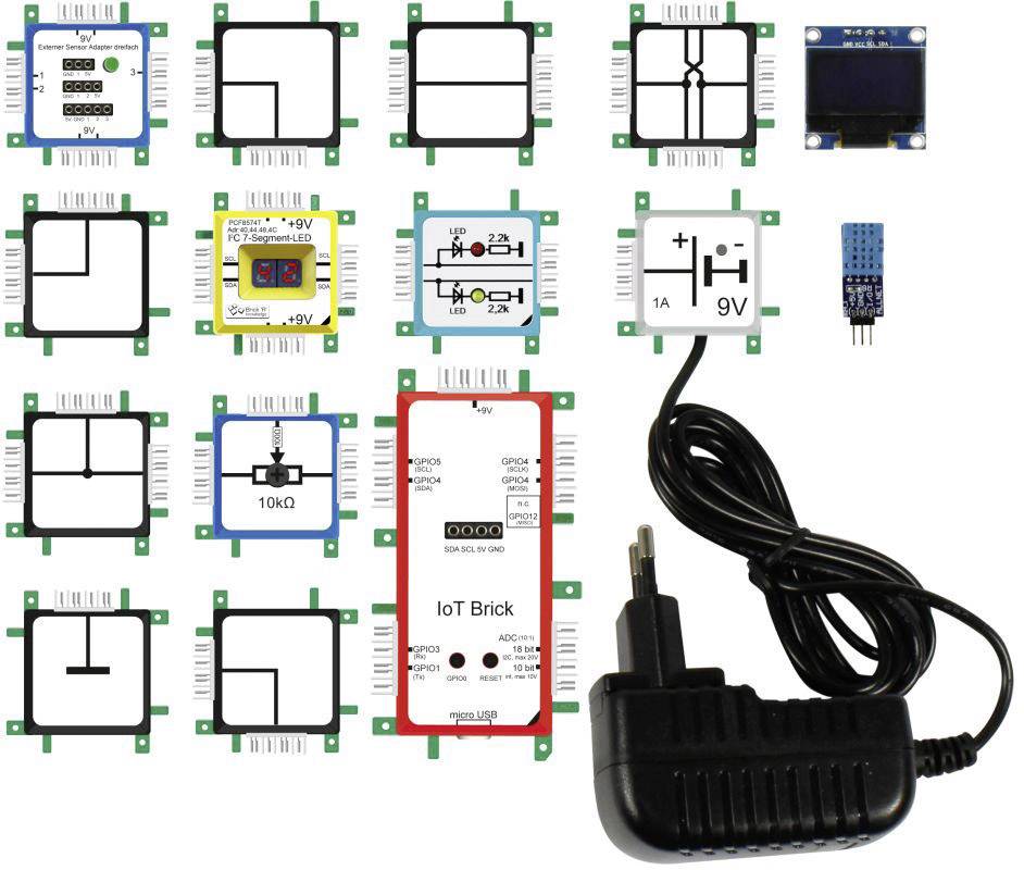 IoT project kit with various electronic modules: Sensors, resistors, display, power supply and more.