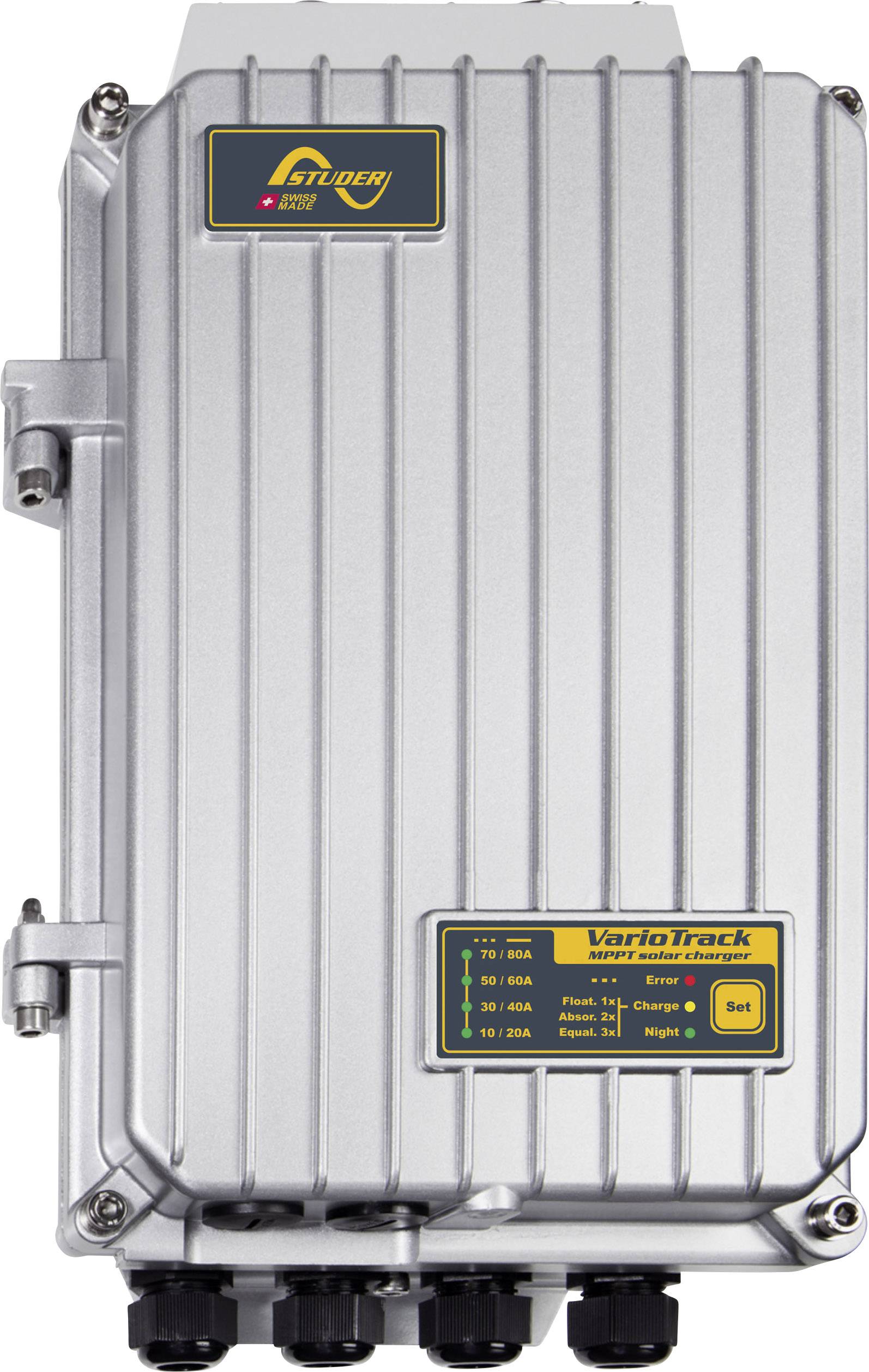 Metallic solar charge controller with connection sockets at the bottom. A logo is positioned top left. Status indicators are located bottom right.