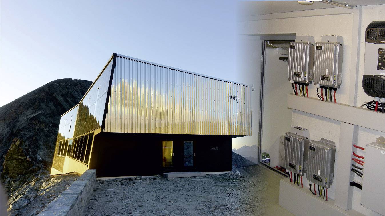 A schematic diagram shows the energy flow from solar modules and a generator to grid-tie inverters and then to houses.