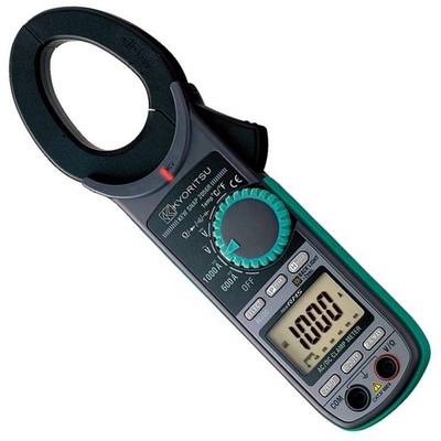 Clamp meter with digital display showing '1000'. Device has a black casing and various setting options.