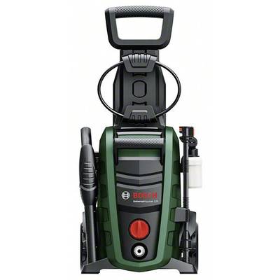 High-pressure washer with black and green casing, fitted with a red on/off button, hose and cleaning accessories, Bosch brand.