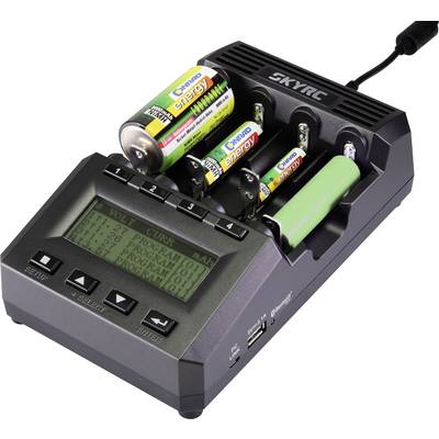SKYRC charger charges four batteries in different sizes. Digital display shows charging information. USB port on the side.
