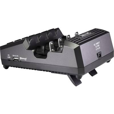 Black charger with Bluetooth functionality, PC connection and four battery charging slots. 12–18V DC input, compact design.