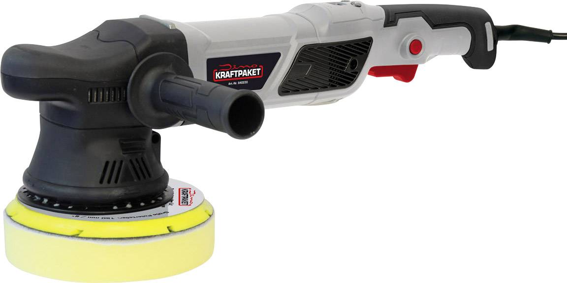 An electric polishing machine with a grey casing, black handle and yellow polishing pad, set against a white background.