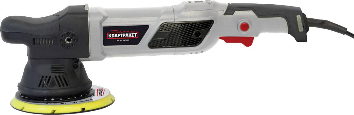 A white electric polishing machine with a yellow polishing pad and red elements, marked with 'Power Pack'.