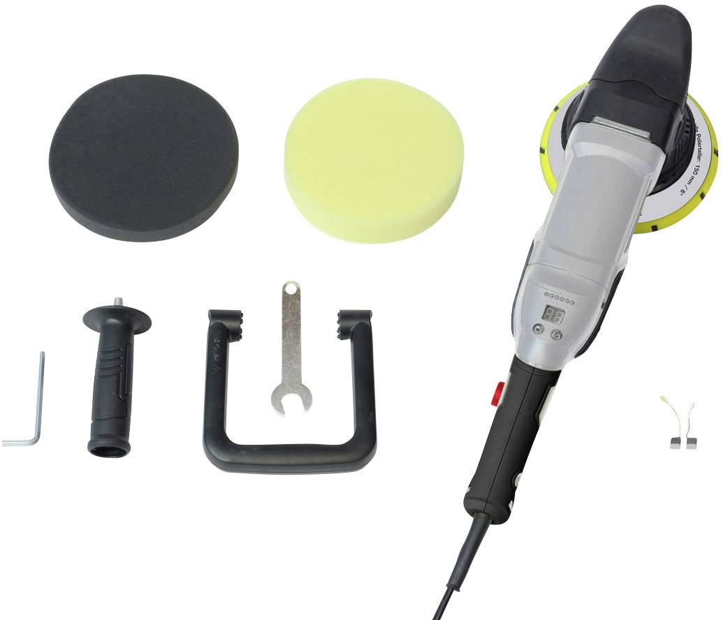Electric polisher with handle, two polishing discs, a spanner, and small hardware against a white background.