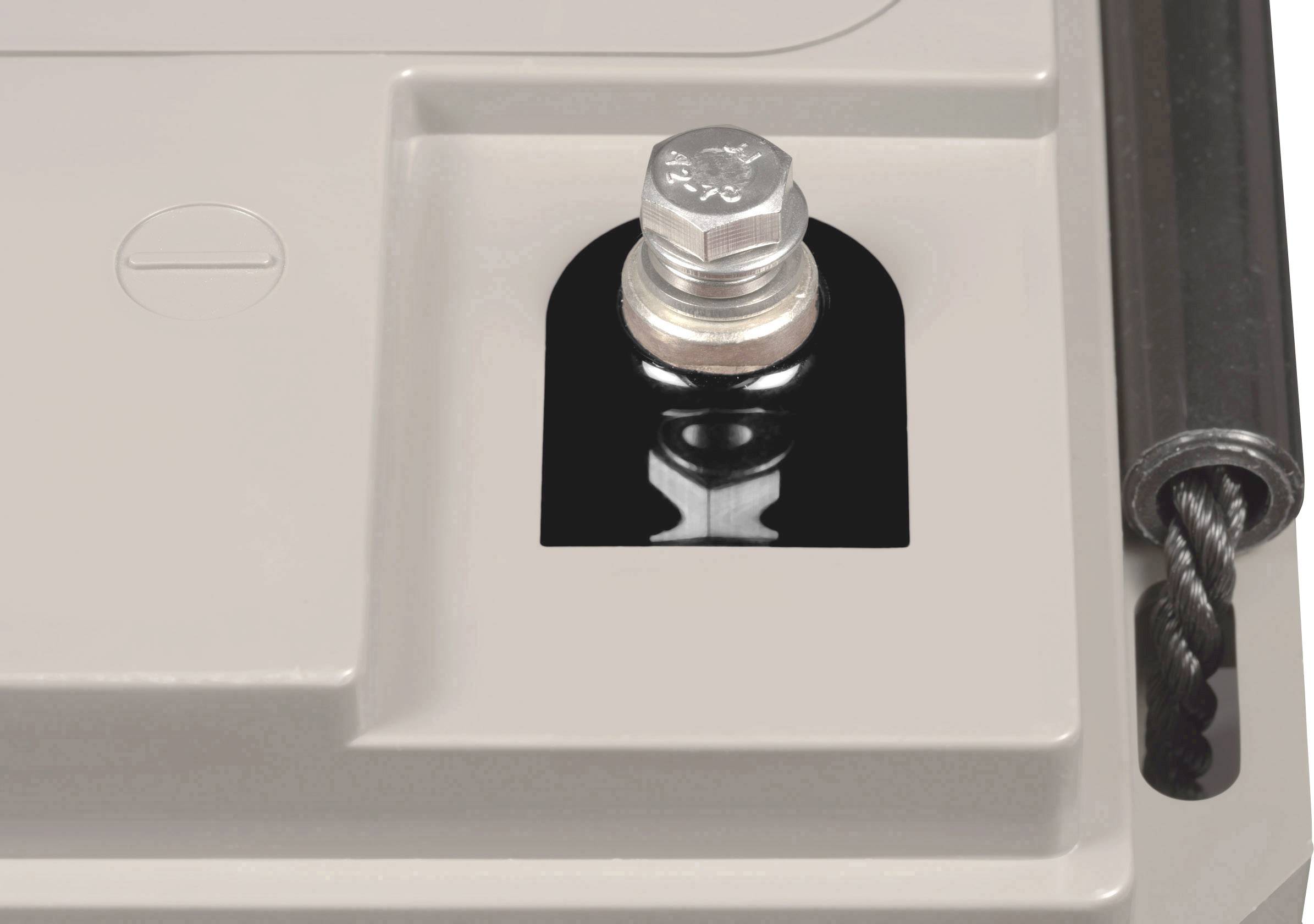 'Close-up of a car battery terminal with connected cable, showing a secure and robust fastening element.'