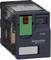An electrical relay by Schneider Electric, type RXM, with a plastic housing and a green operating button on top.