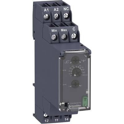 Electronic relay, blue, with connections and a transparent housing section. Contains controller and individual min/max indicators. Brand: Schneider.