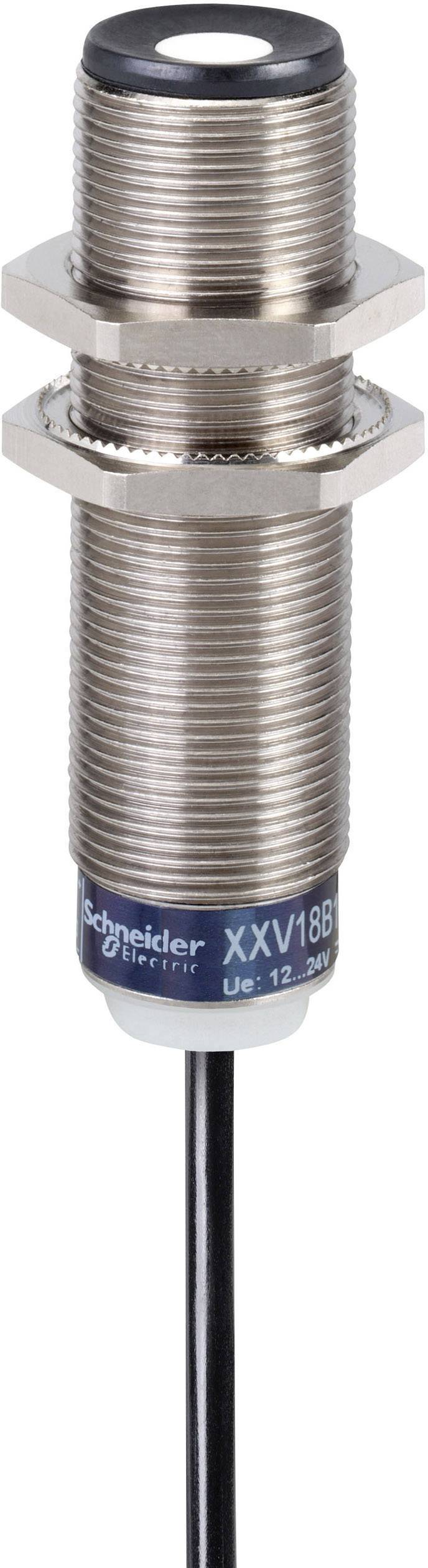 A cylindrical metal proximity sensor with threading, cable connection, and manufacturer's inscription, against a white background.