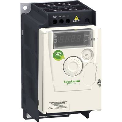 A Schneider Electric frequency converter with a digital display shows settings. A sticker indicates "30% energy savings".