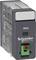 A Schneider Electric electromagnetic relay of the 'RXG' type, with a grey housing and green and red buttons.