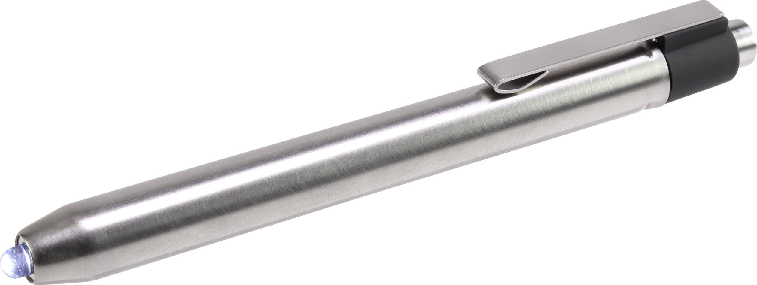 A silver ballpoint pen with a clip, lying on a white surface.