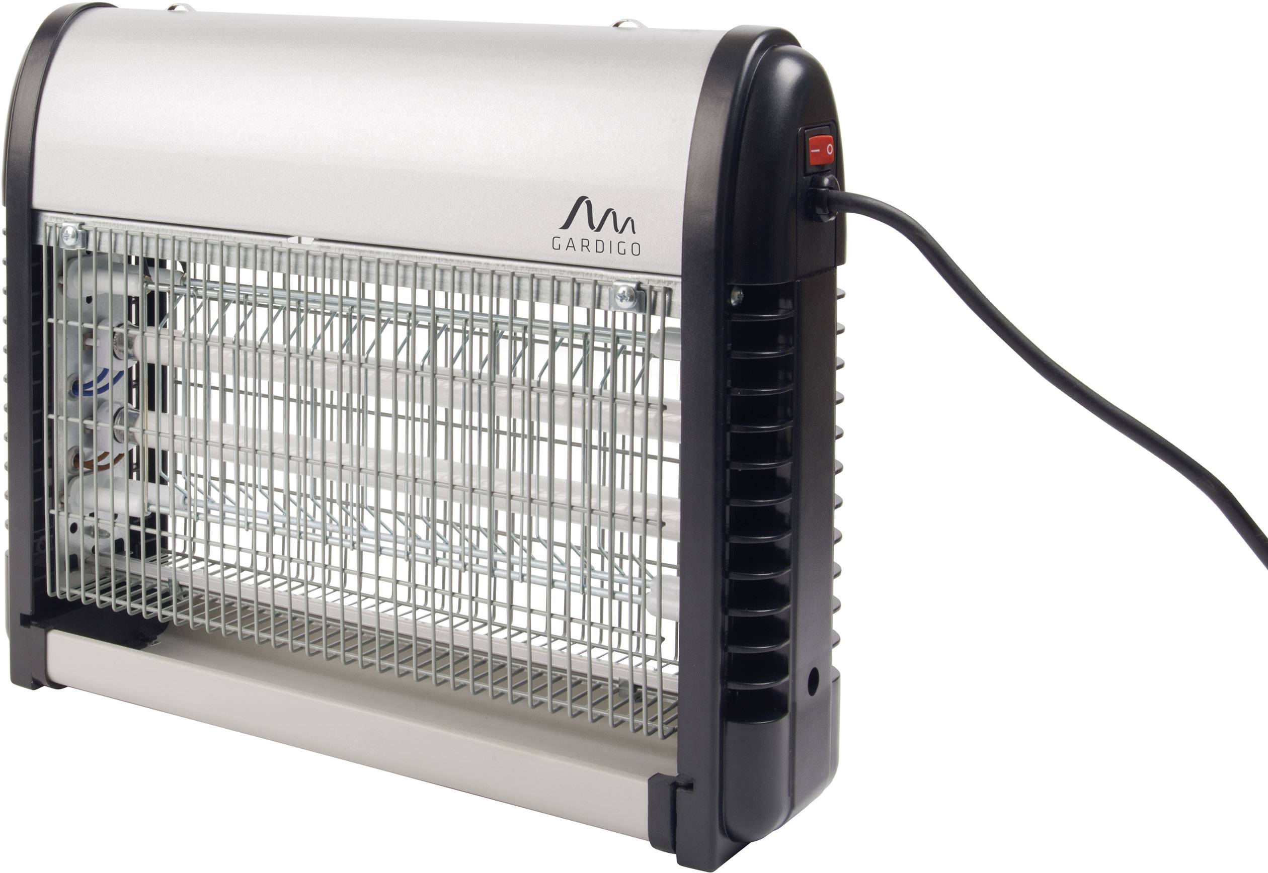 An electric insect killer with a metal grid and plastic frame, connected to an electrical cable, for pest control.