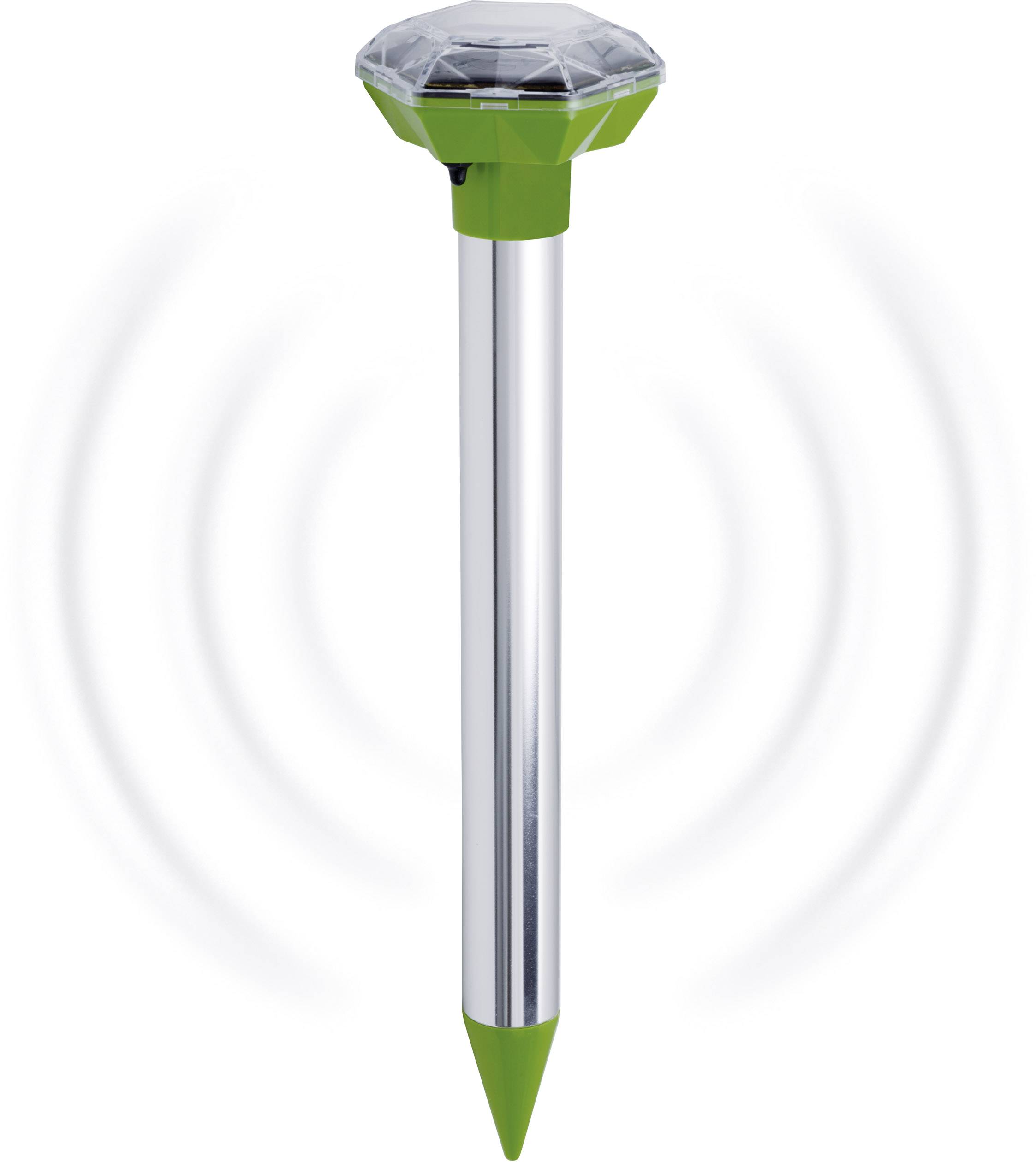Solar-powered mole deterrent with a green casing and circular vibration effects, emitting sound waves to repel pests.