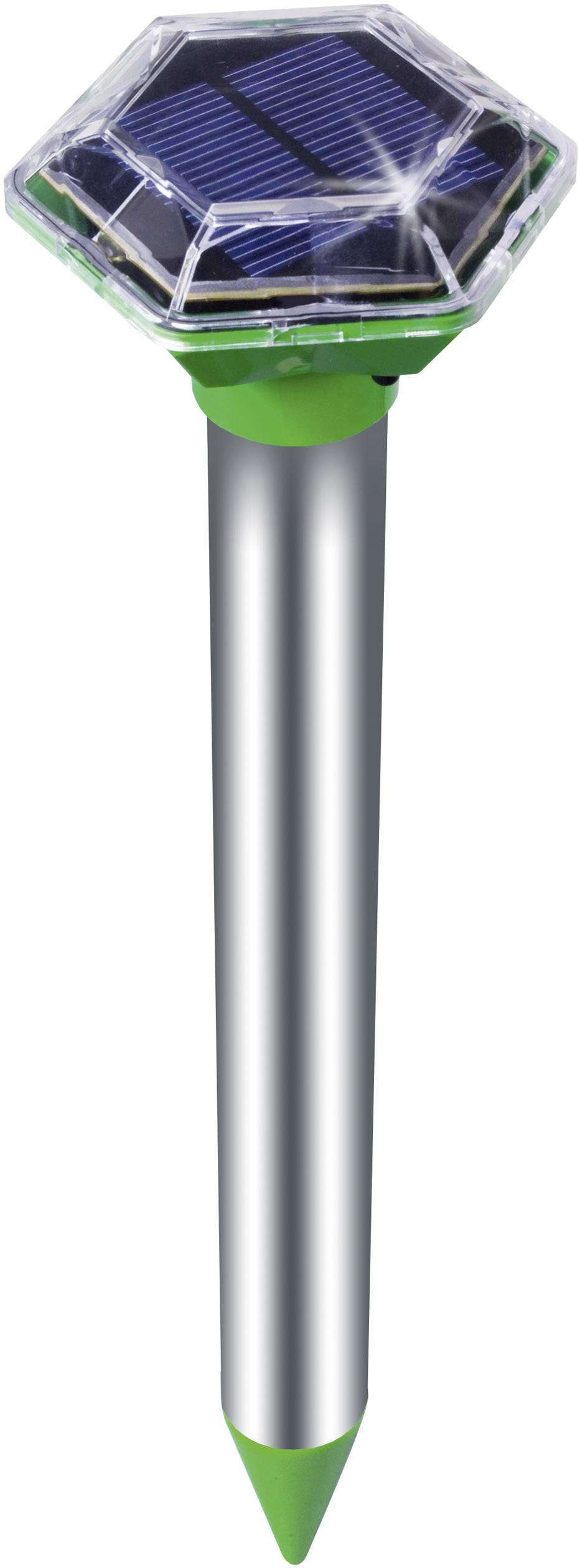 A solar-powered mole deterrent with a hexagonal solar module on top, finished in green and silver, designed to repel rodents in the garden.