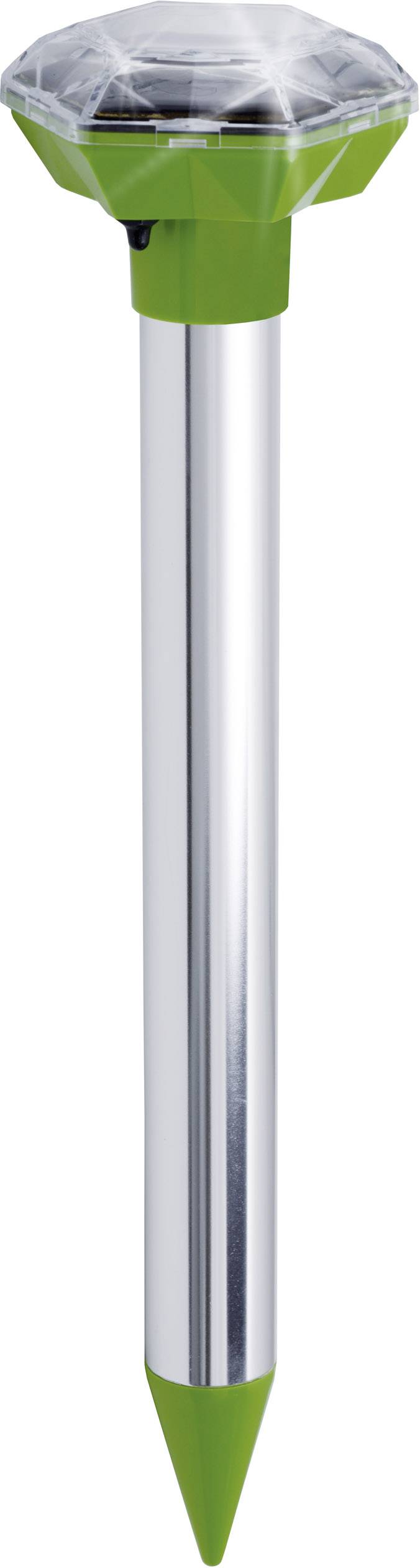 A green and silver solar ground light in the shape of a diamond, used for illumination in the garden.