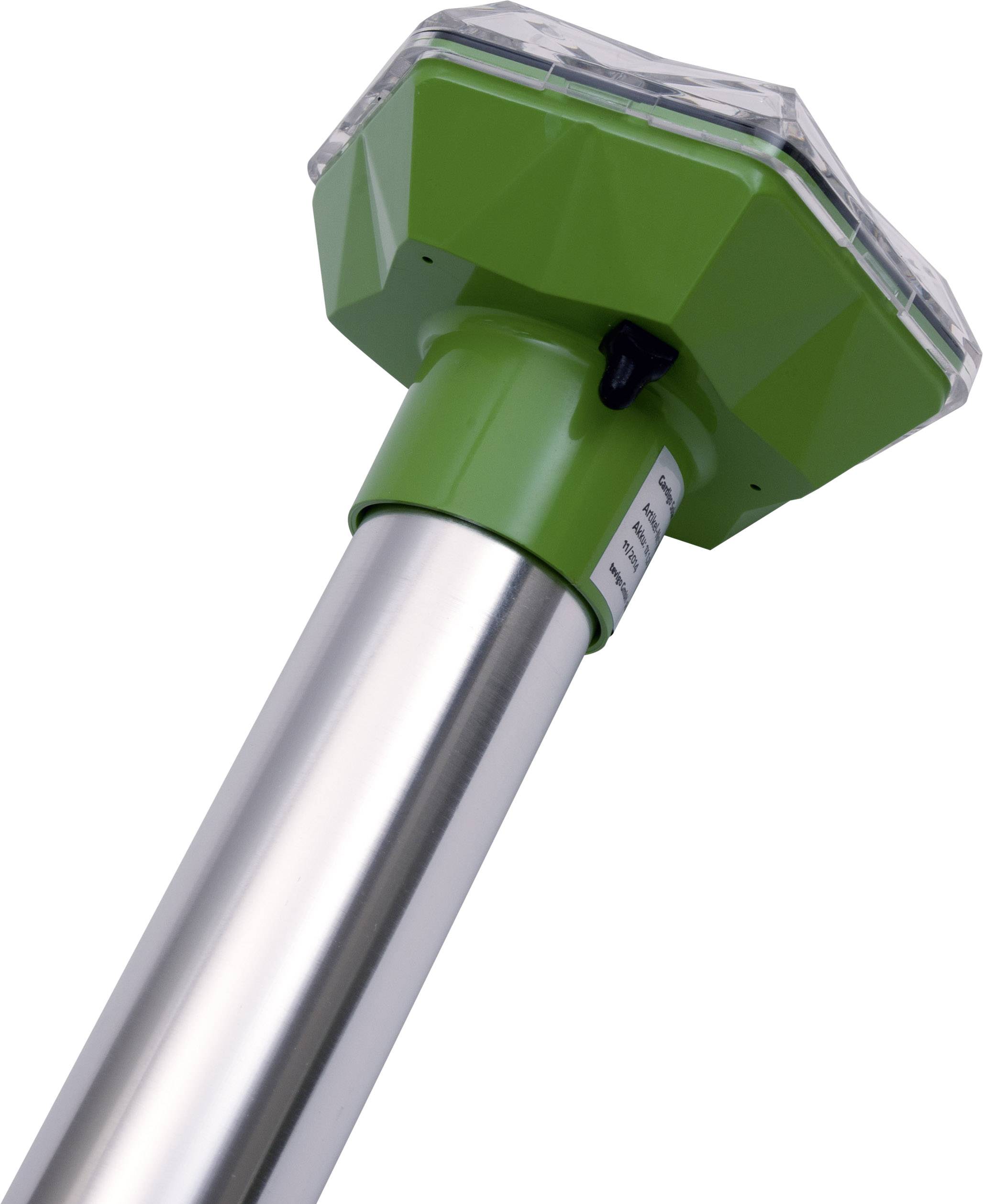 Green illuminated post with sturdy, silver metal stem and hexagonal, transparent plastic head.