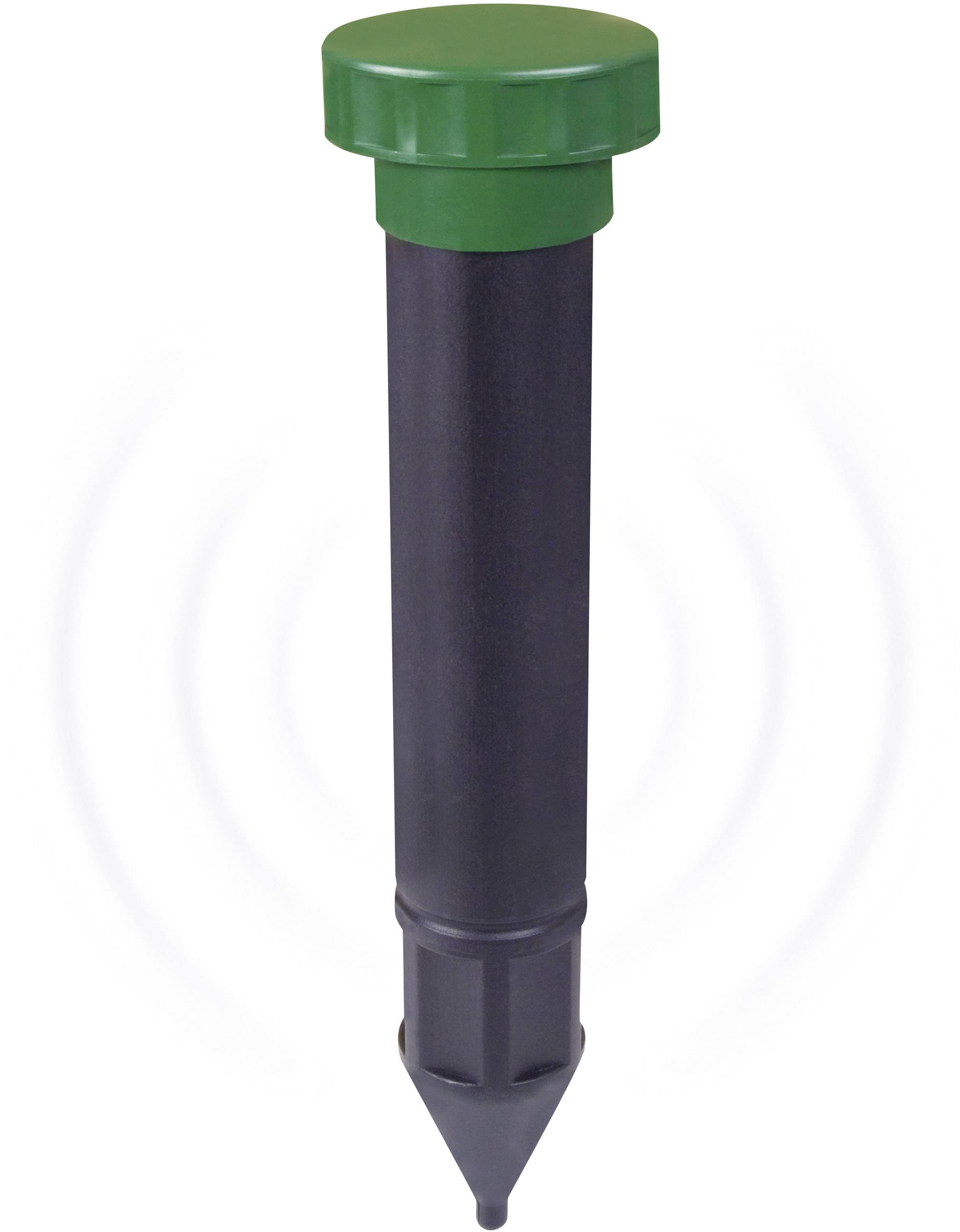 Black stick with green lid, used as a mole deterrent. Background shows concentric circles to suggest vibrations.
