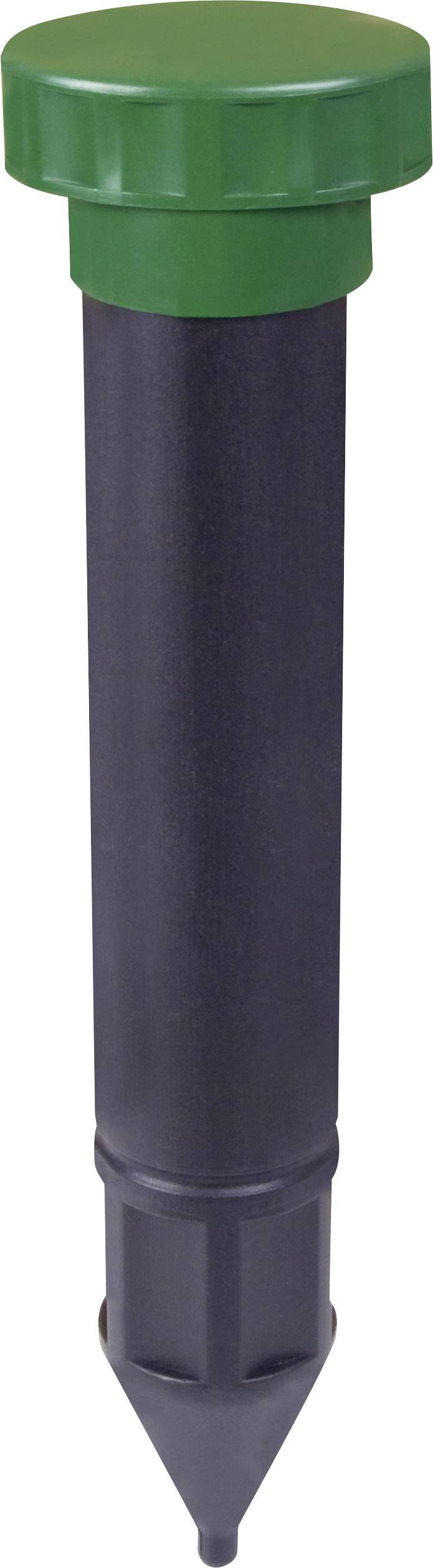 Black, cylindrical stake with a green head, presumably a device or gardening tool that is inserted into the ground.