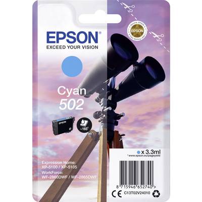 Epson Ink Cartridge 502 in Cyan for Models XP-5100, XP-5105, WF-2860DWF, WF-2865DWF. Capacity: 3.3 ml.