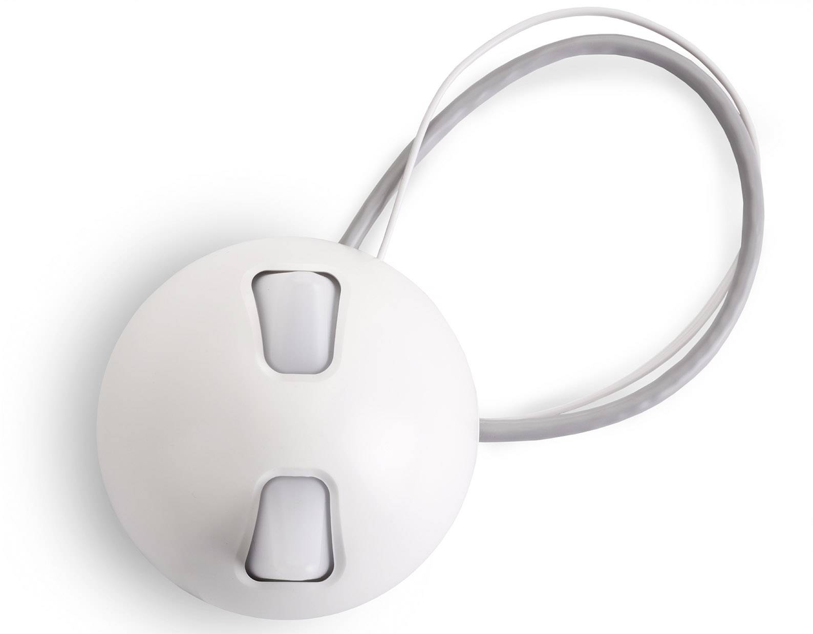 A round, white sensor with two rectangular windows and an attached cable, possibly a motion detector.