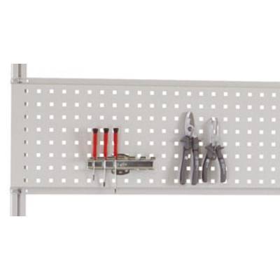 A perforated metal panel with tools: four screwdrivers with red handles and a pair of pliers with a black handle.