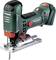 A green battery-powered jigsaw by Metabo, model STA 18 LTX 100, with a black handle and metal saw blade.