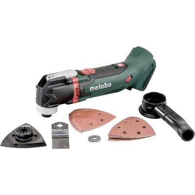 Rechargeable multi-tool by Metabo with sanding sheets, saw blade, and sanding pad attachment, suitable for DIY tasks.