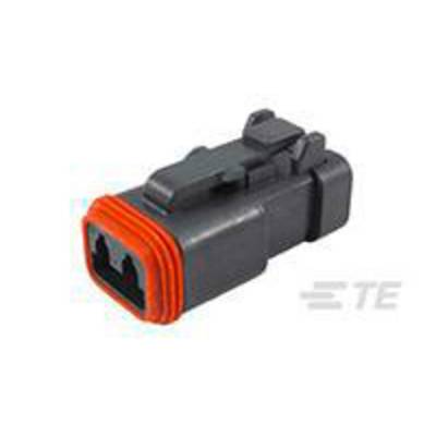 Two-pin connector with a black housing and orange border.