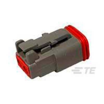 Grey electrical connector with red seals. 'TE' marking visible. Primarily used for industrial applications.