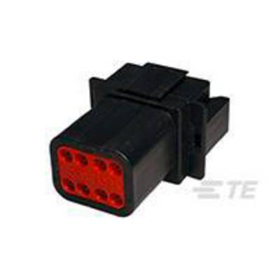 A black connector with a red insert and six openings.