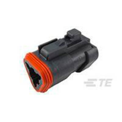 'Black connector with orange seal, positioned sideways. Suitable for sealing and connecting electrical cables.'
