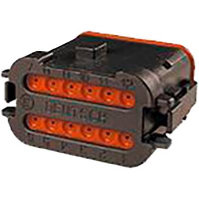 Black and orange electrical connector with a rectangular shape and multiple metal pins for data transmission.