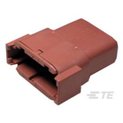 Red electronic connector, rectangular in shape, with rounded edges and side locking mechanisms.