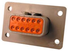 Rectangular connector with 12 circular openings, surrounded by an orange sealing area, mounted on a metal plate.