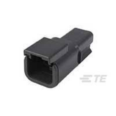 Black plastic plug with a rectangular connector, side locking mechanism, and 'TE' text alongside. Commonly used for electrical connections.