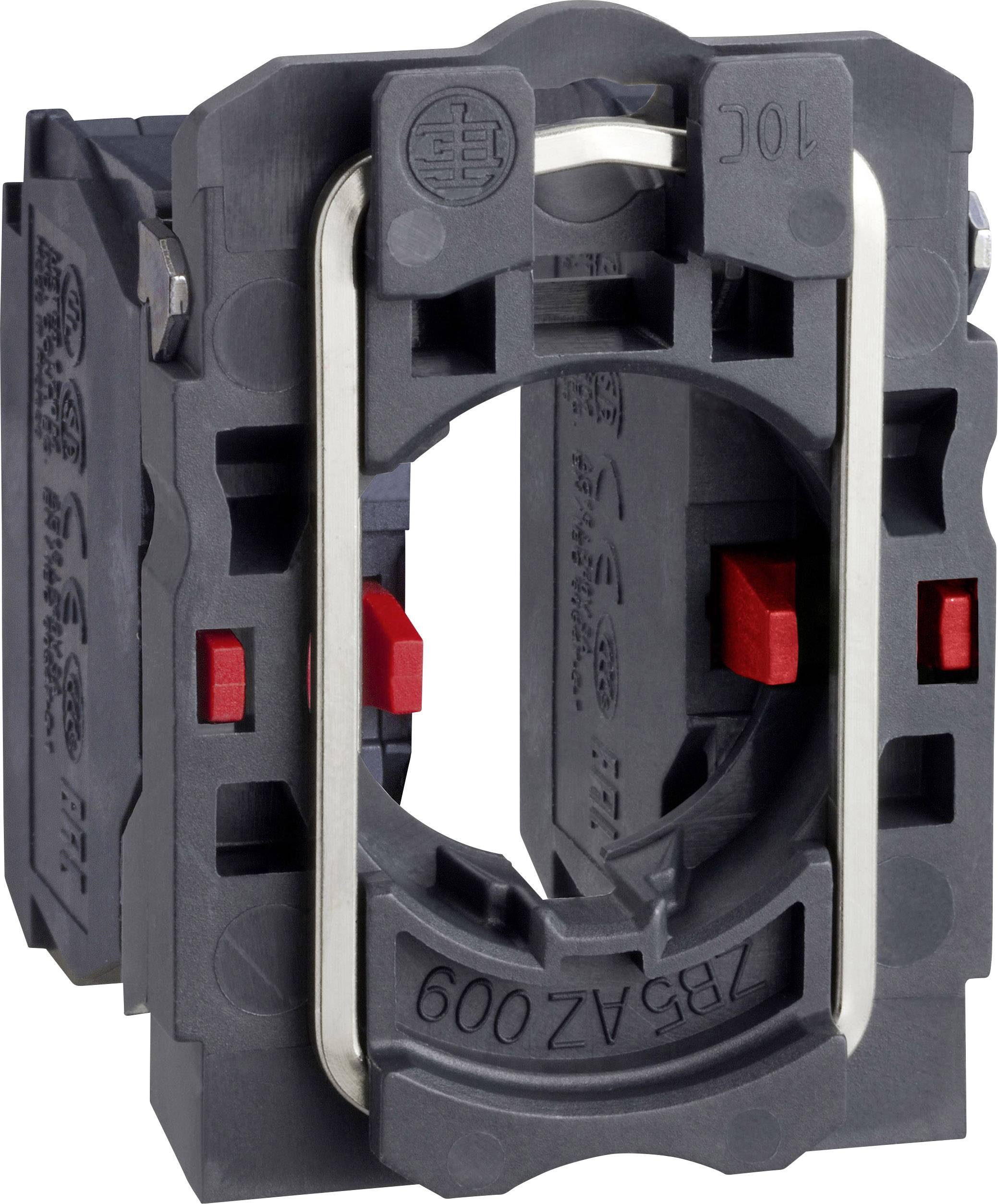 Black and red plastic switch insert with inserts for industrial switches. Frame with rounded edges and labels.