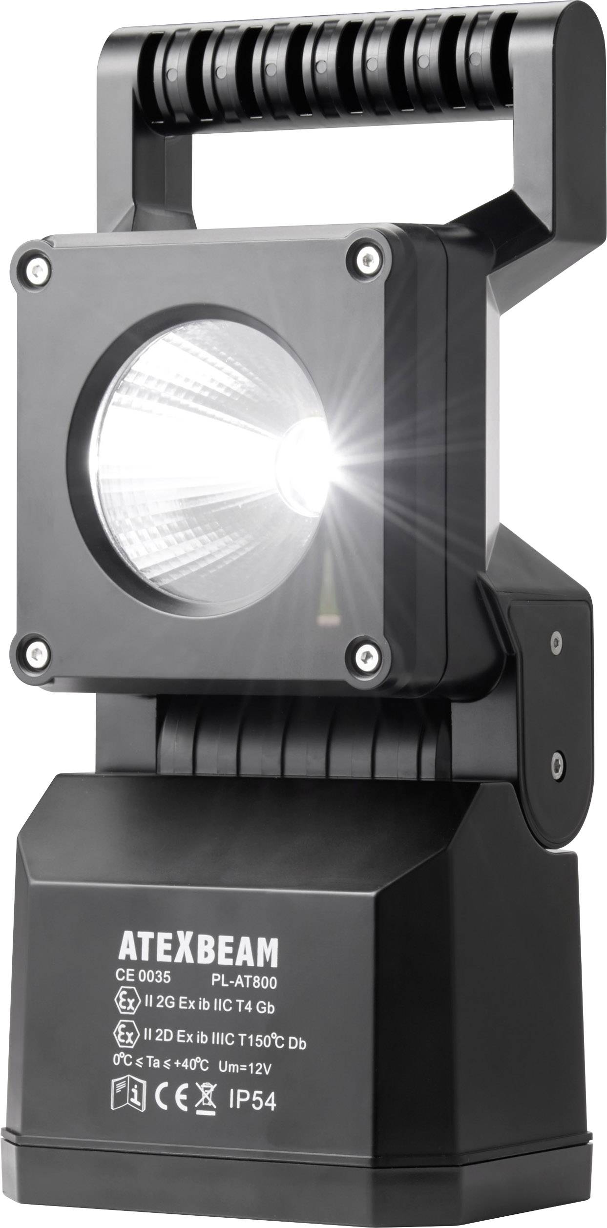 Portable LED lamp with handle, shines brightly. Housing is black and has technical specifications printed on it.