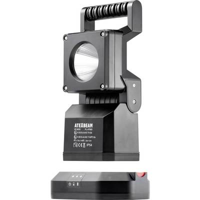 Portable black LED spotlight with hand grip, model 'ATEXBEAM PC-71100', suitable for professional lighting, IP54 certified.