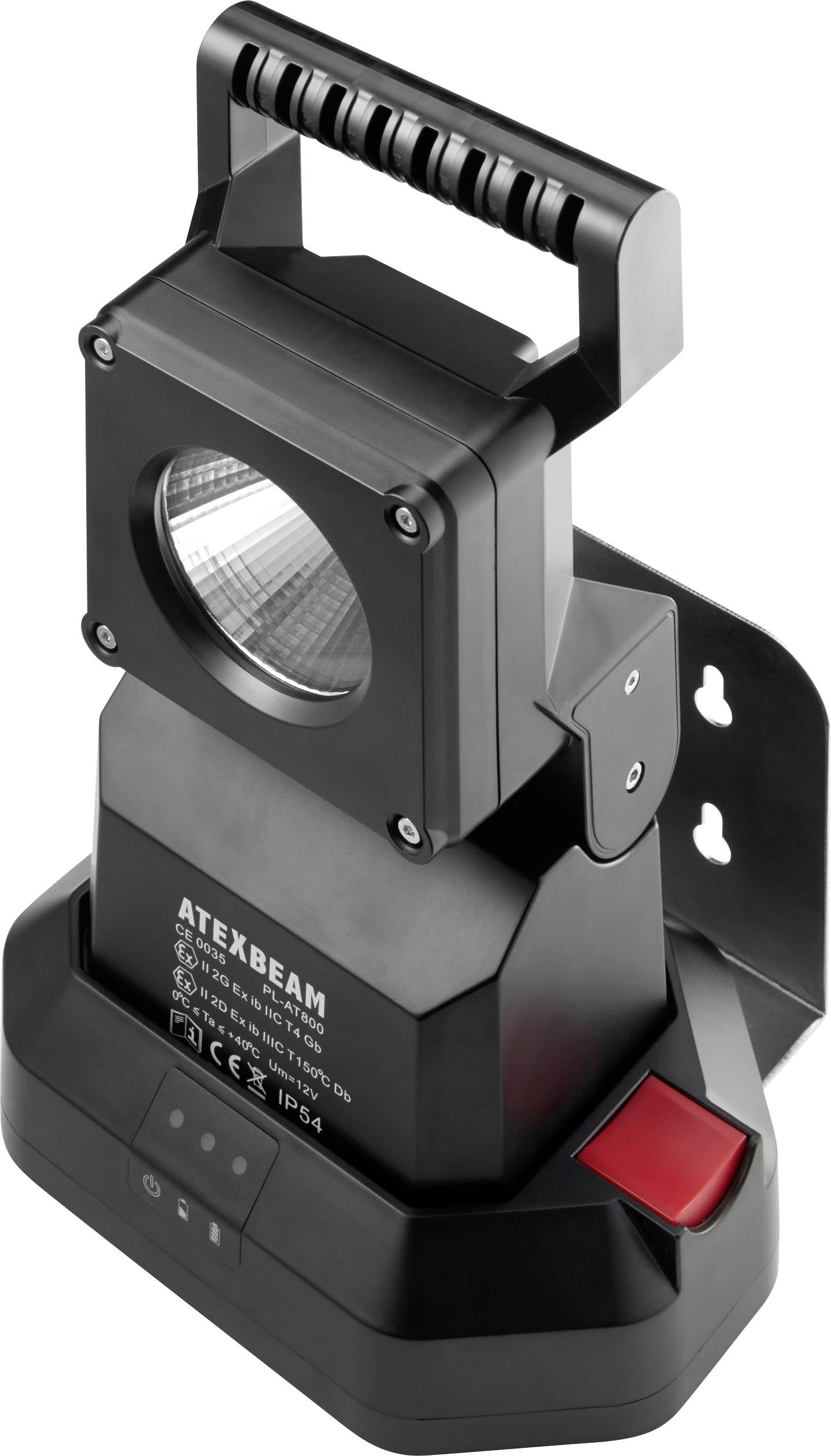 Black portable work light with handle and red switch, suitable for hazardous areas, in accordance with ATEX certification.