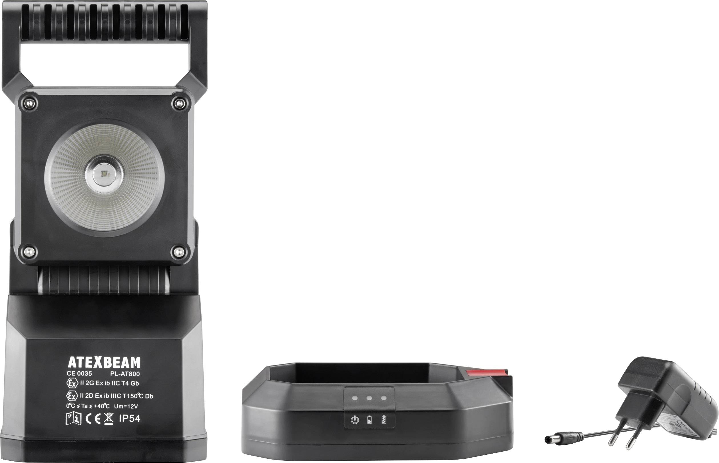 Stable load light with charging station and mains adapter, suitable for use in harsh environments.