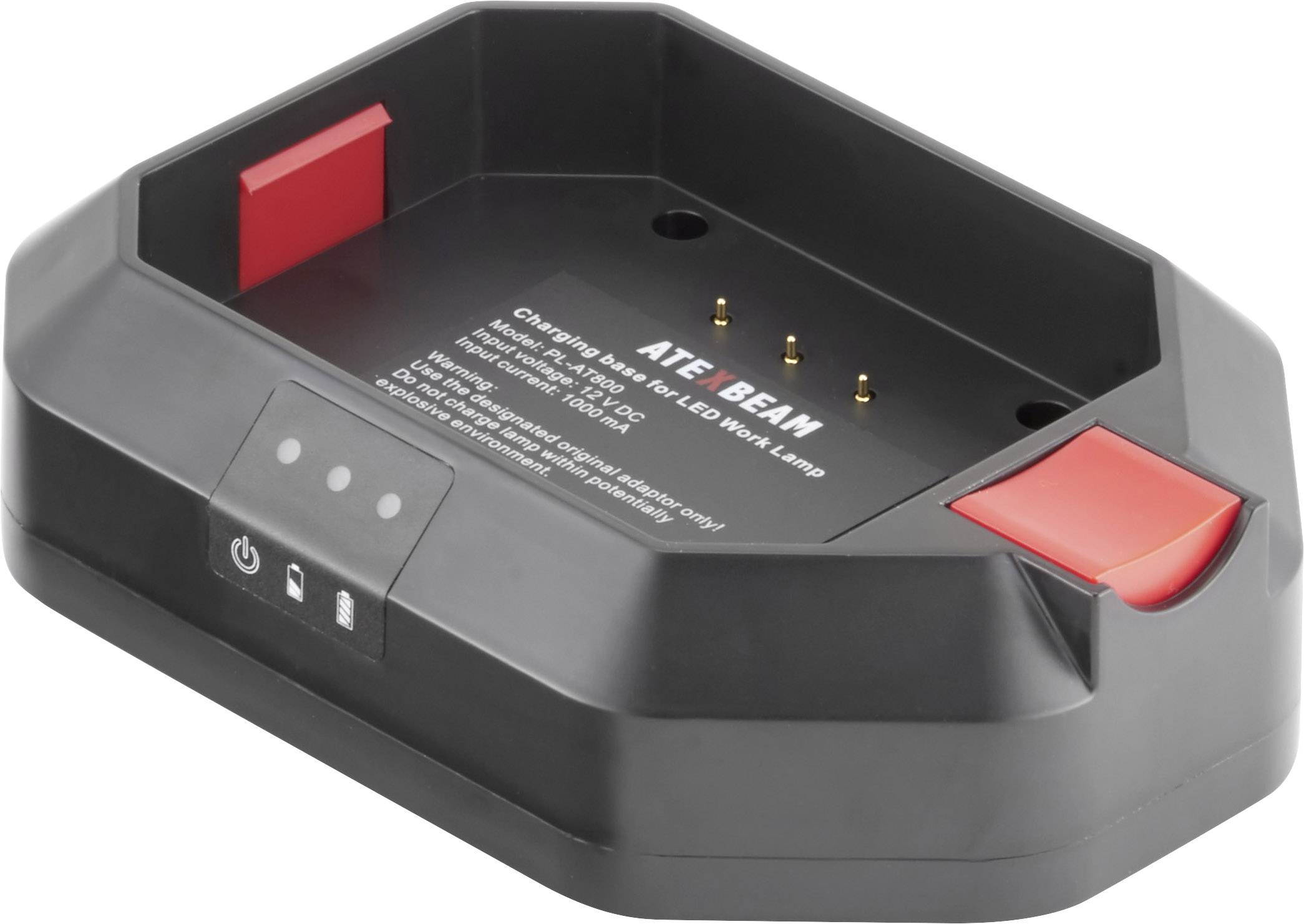 'Black charger with red accents and three metal contacts. Labelled with the text "ATE BEAM".'