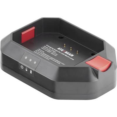 'Black charger with red accents and three metal contacts. Labelled with the text "ATE BEAM".'