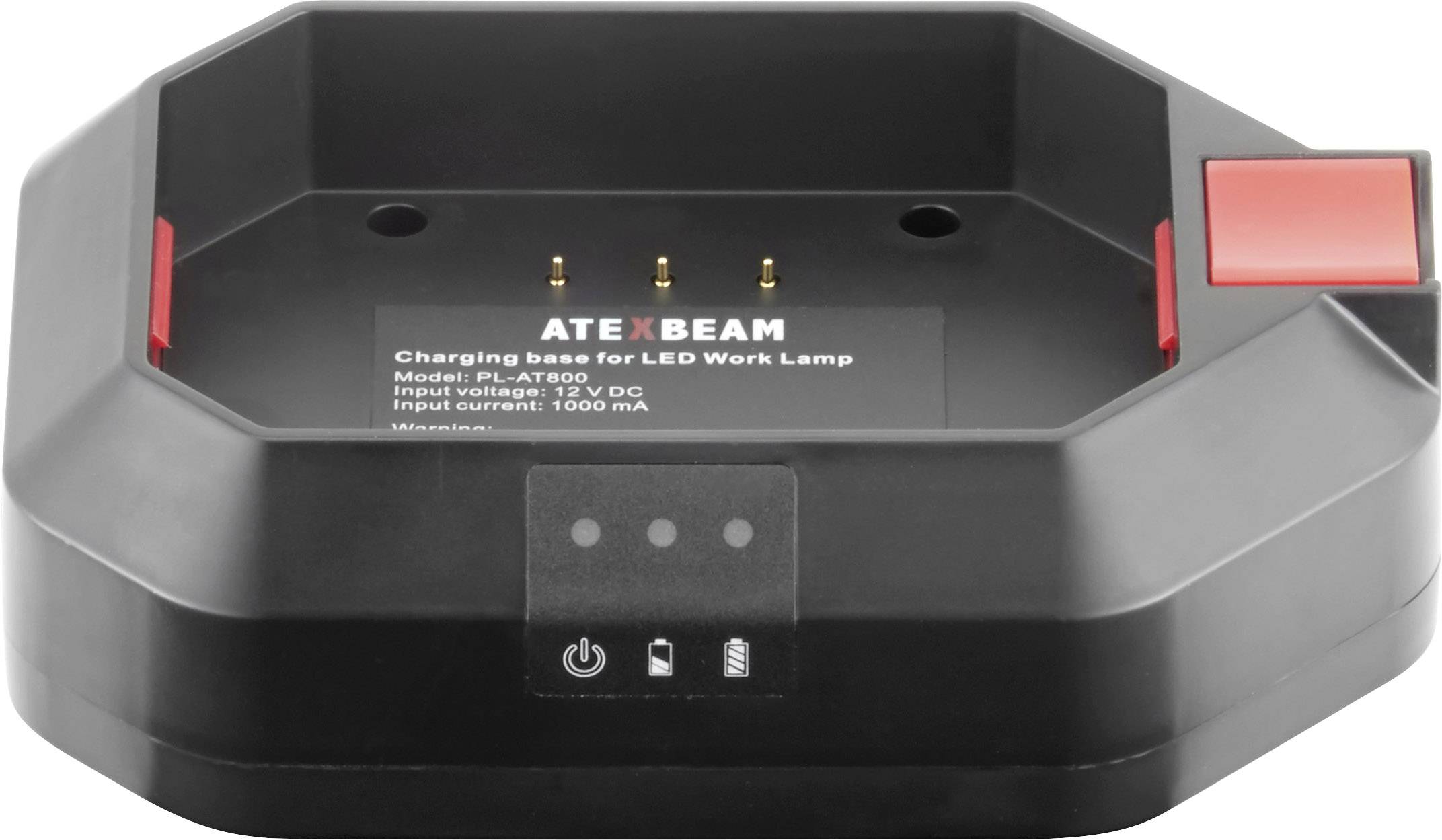Black charging base 'Atexbeam' for LED work lamp with red buttons and golden contact pins, Model PL-A7800, Input voltage 12V DC.