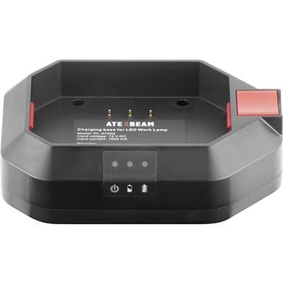 Black charging base 'Atexbeam' for LED work lamp with red buttons and golden contact pins, Model PL-A7800, Input voltage 12V DC.